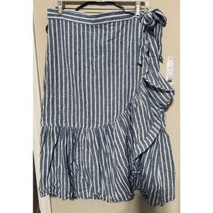 CHAPS Full Wrap Skirt Blue White Striped Linen Cotton Ruffle Tie Waist Beach L